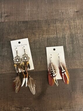 Boho Feather Dreamcatcher Earrings - Brown, Tan & Cream